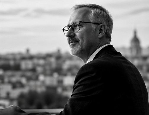 Black-and-white editorial portrait illustrating vision